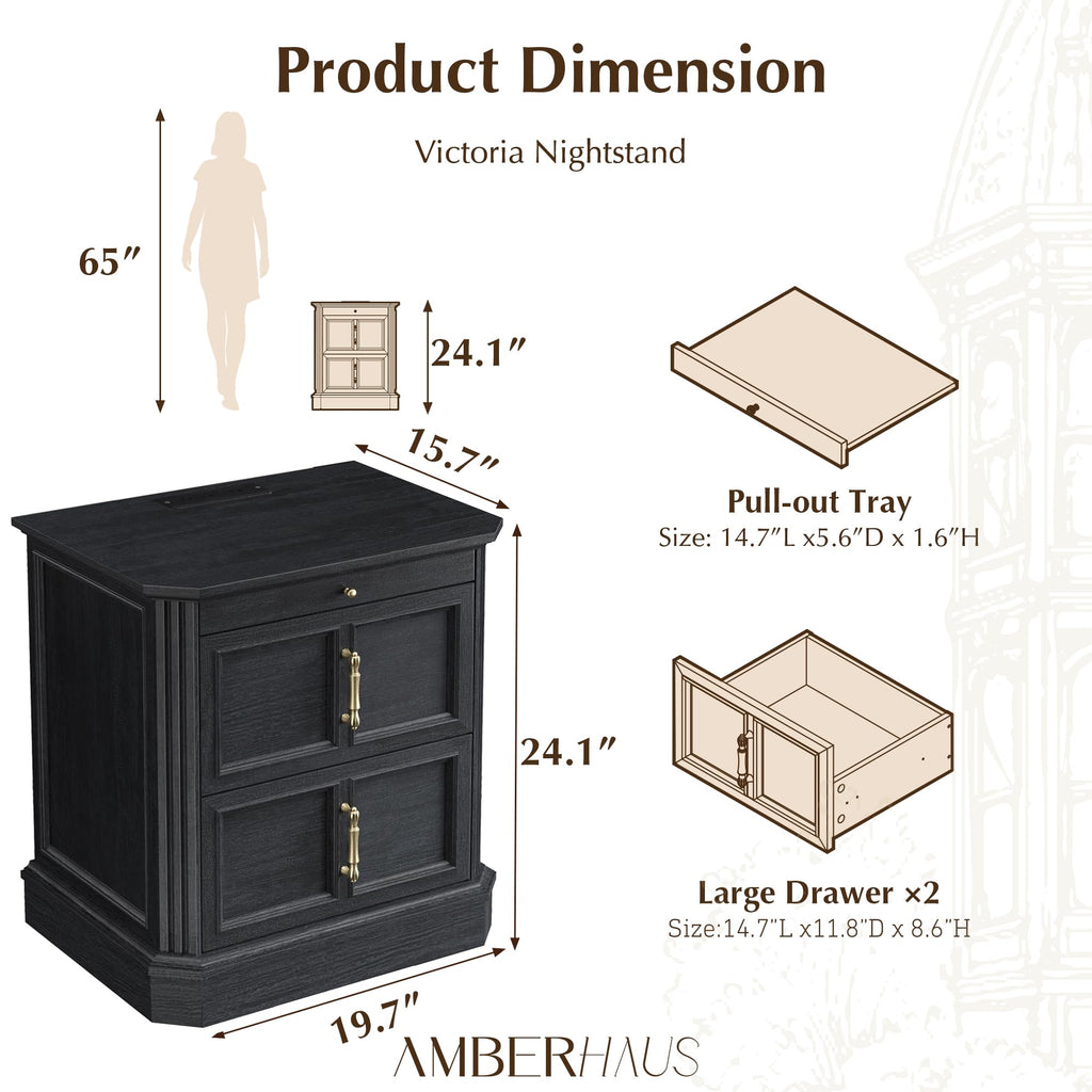 24.1" Tall Nightstands Set of 2 with Charging Station & Pull-Out Tray, 19.7" Wide Wood Bedside Table w/2 Drawers &