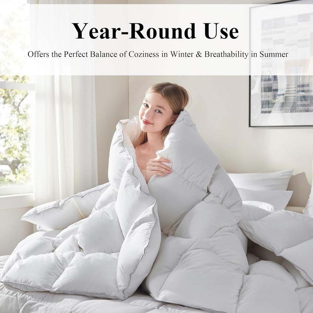 Goose Feather Down Fiber Comforter Queen - All Season White Fluffy Duvet Insert