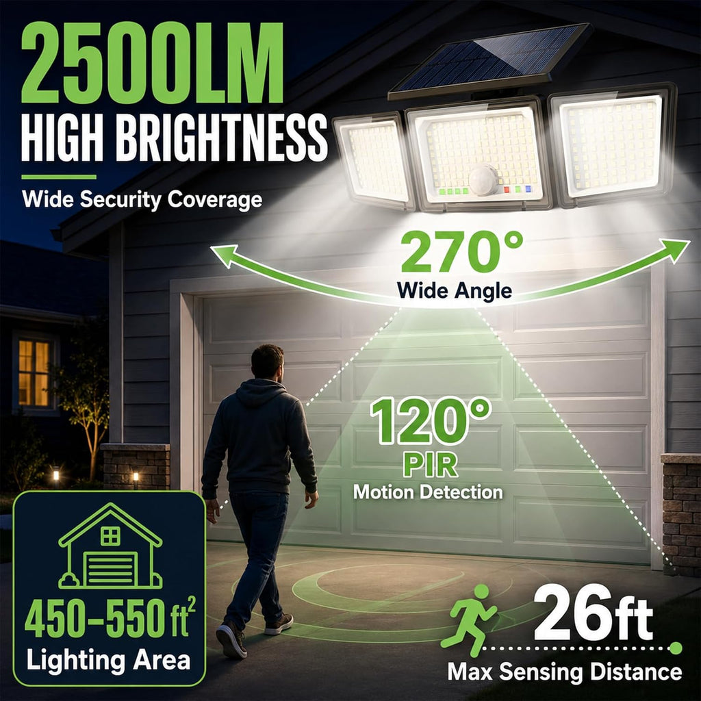 Solar Outdoor Lights Motion Sensor, 2500LM 286 LED Security Flood Lights with Visual Battery & Mode Display, 3