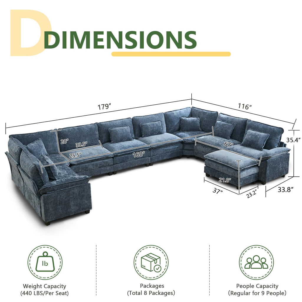 Oversized Modular Sectional Sofa Set, Convertible Deep Seat Cloud Couch with Ottoman, Large U Shaped Corner Couch