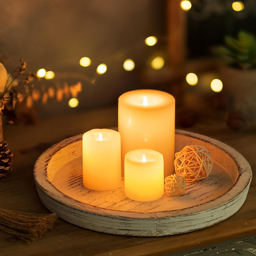 Rustic Wooden Tray Candle Holder - Round Wood Decorative Pillar Candle Tray for Coffee Table Farmhouse Kitchen
