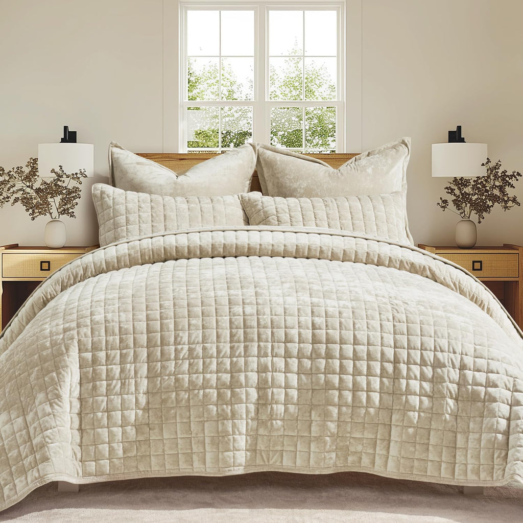Channel Box Stitch Velvet Quilt Set, Full Queen, Beige