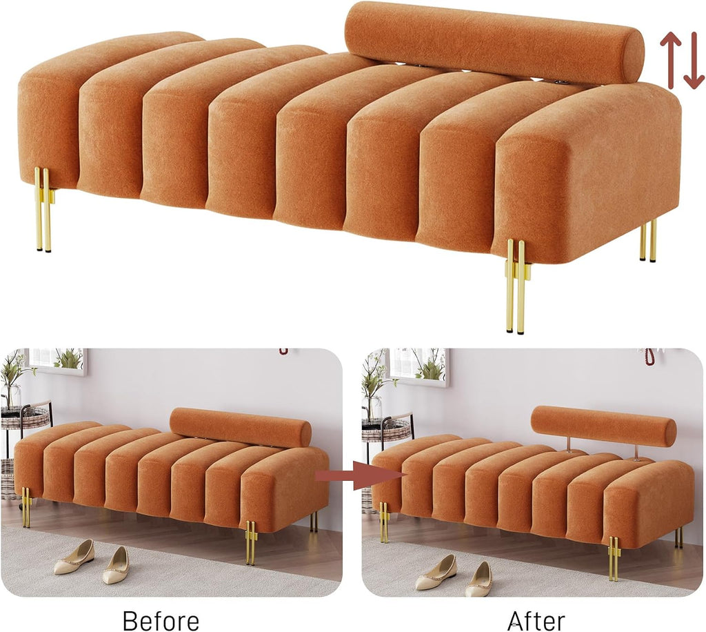 52.2" Velvet Upholstered Bench Ottoman with Adjustable Backrest, Orange | Modern Channel Tufted End of Bed Bench with