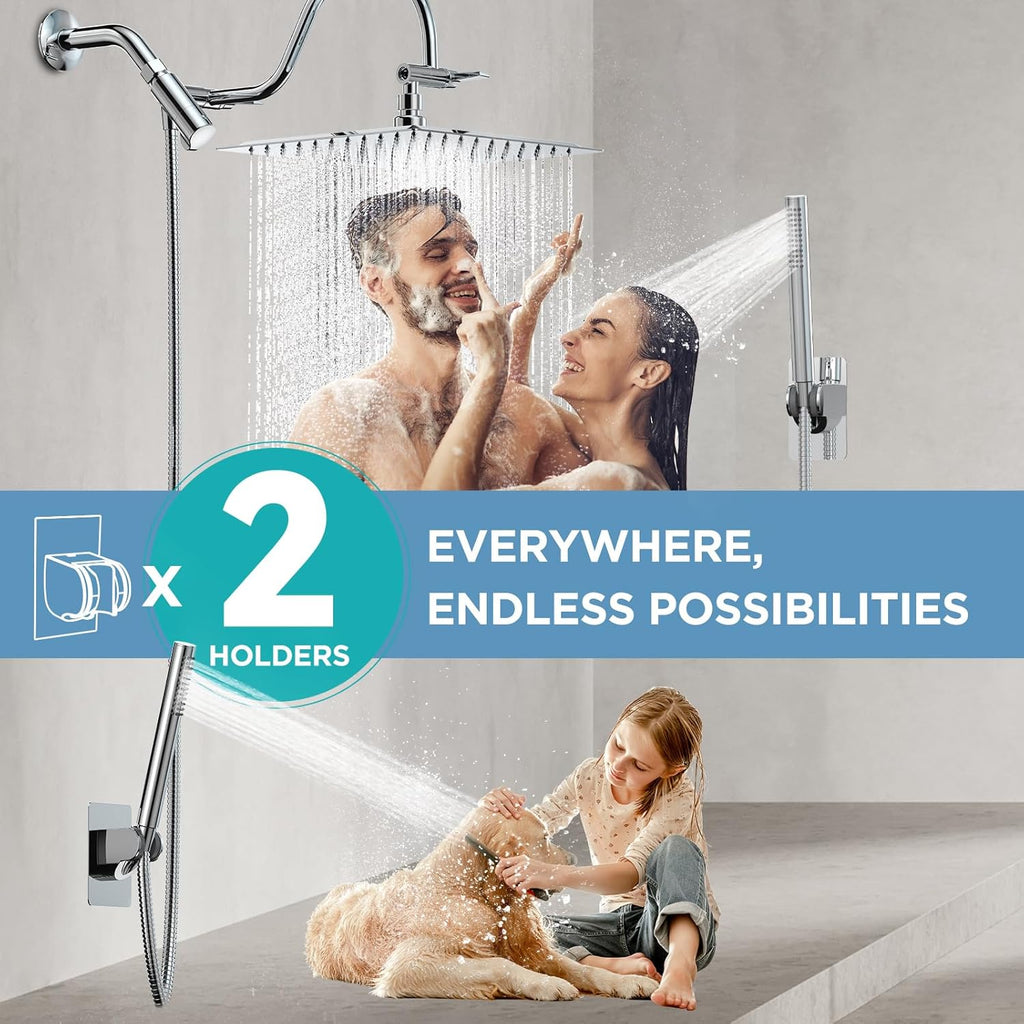 All Metal Dual Shower Heads Combo with Curved Extension Arm, 10" Rain Shower Head with Handheld Spray