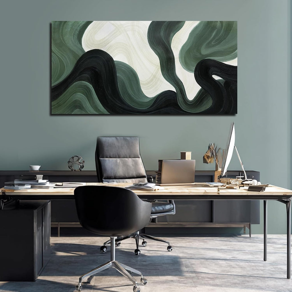 Modern Green Abstract Canvas Wall Art Fluid Wave Style Canvas Print in Dark Green Black and Beige Oversized Wall