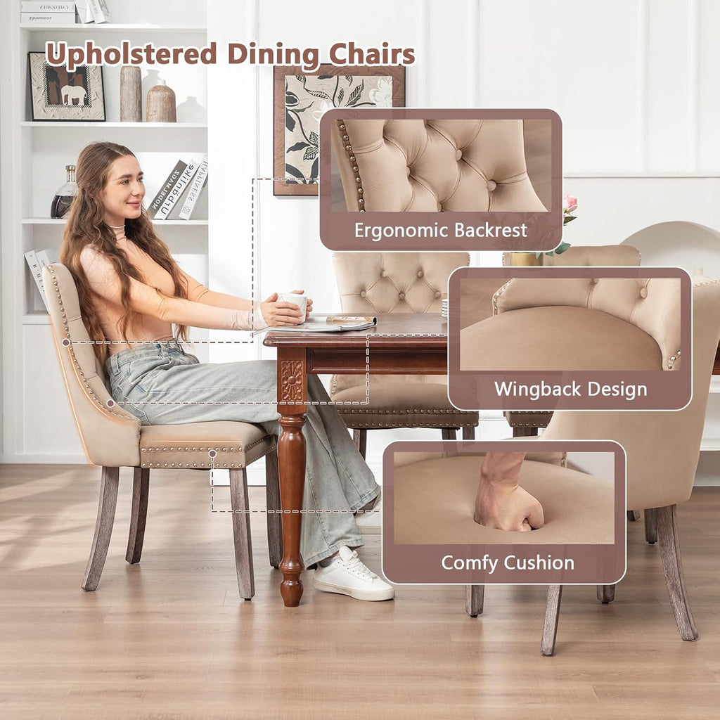Velvet Dining Chairs Set of 6, Upholstered Dining Room Chairs with Nailhead Ring Pull Trim, Button Tufted Wing Back