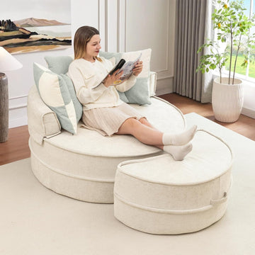 Modern Chaise Lounge Chair and Ottoman — Beige Velvet