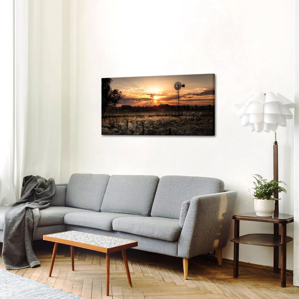 Large Size Wall Art Rural Landscape Pictures Decor Farmhouse Windmill at Sunset Scenery Photograph Painting Canvas