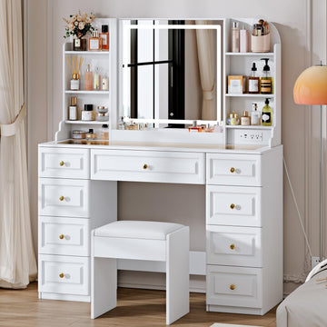 43" Makeup Vanity Desk with Mirror and Lights, & Power Outl, Glass Top Big Vanity Table with 9 Drawers& 8 Storage