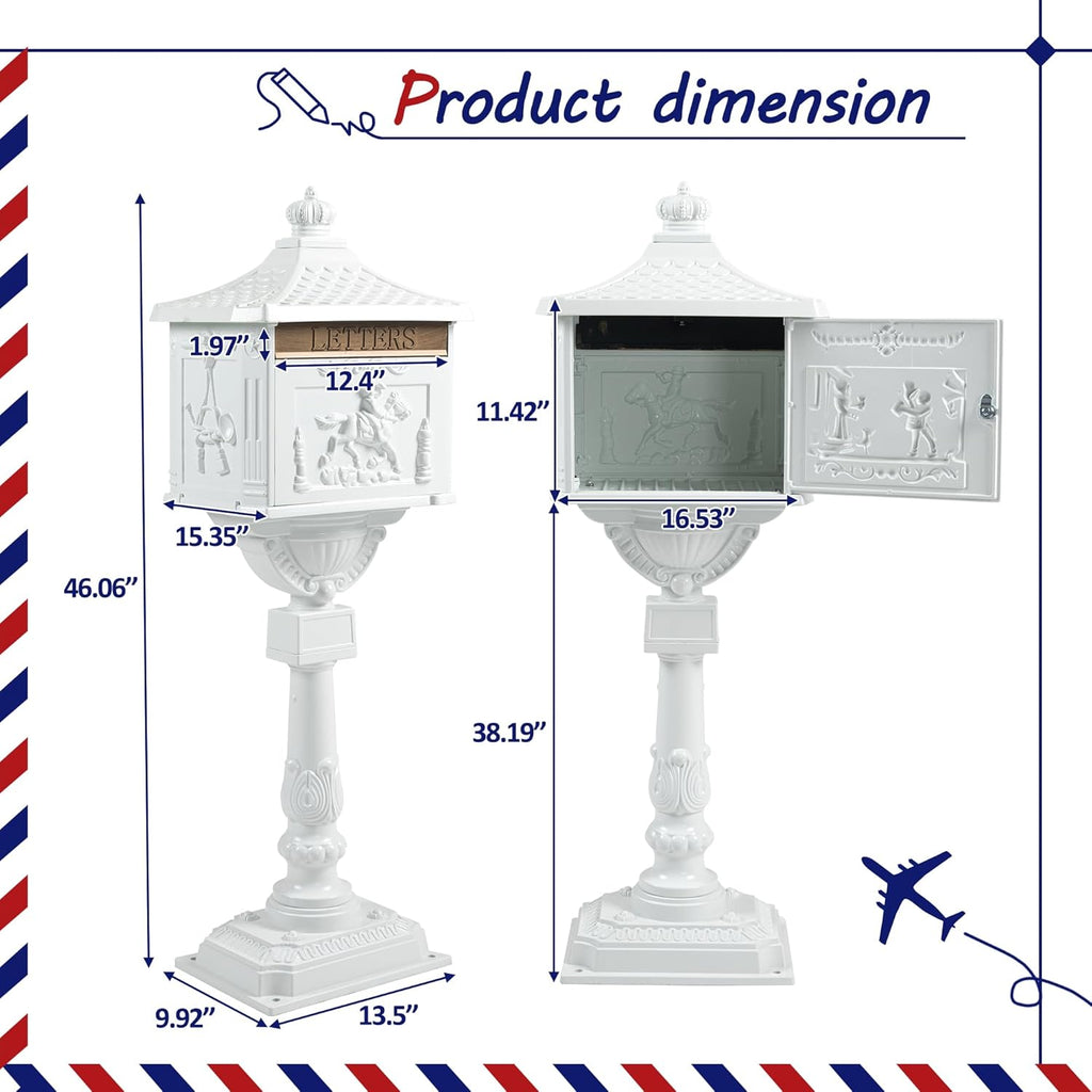 Cast Aluminum Mailbox, White Lockable Postal Box with Keys, Heavy Duty Vertical Letter Box Yard