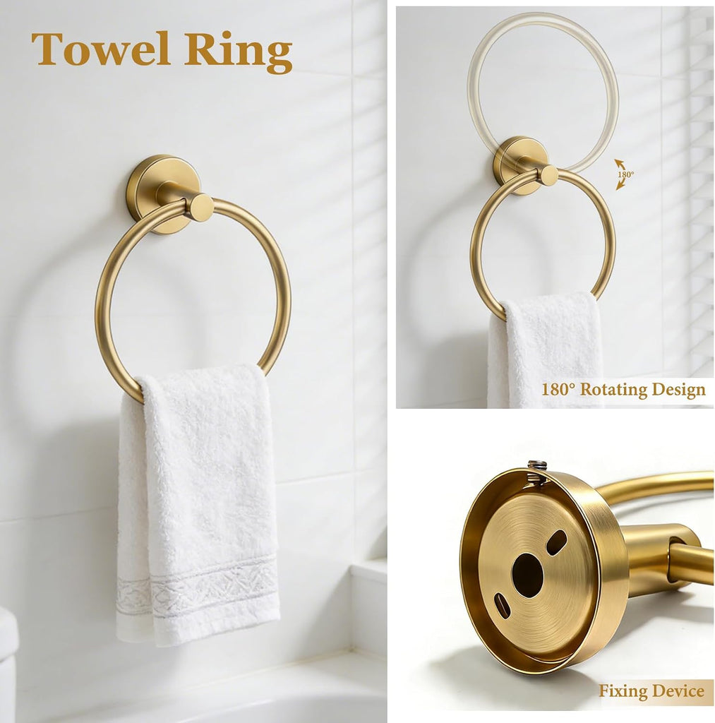 5-Pieces Wall Mount Bathroom Hardware Set,22in Brushed Gold Towel Bar Set | Stainless Steel Waterproof Bathroom