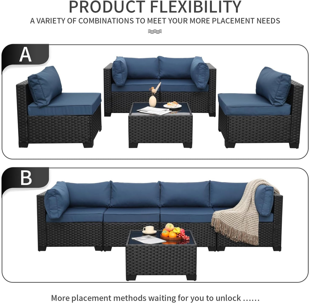 Outdoor 5 Piece Patio Furniture Set, Black Rattan Conversation Couch Resin Wicker Sectional Sofa Outside Chair with