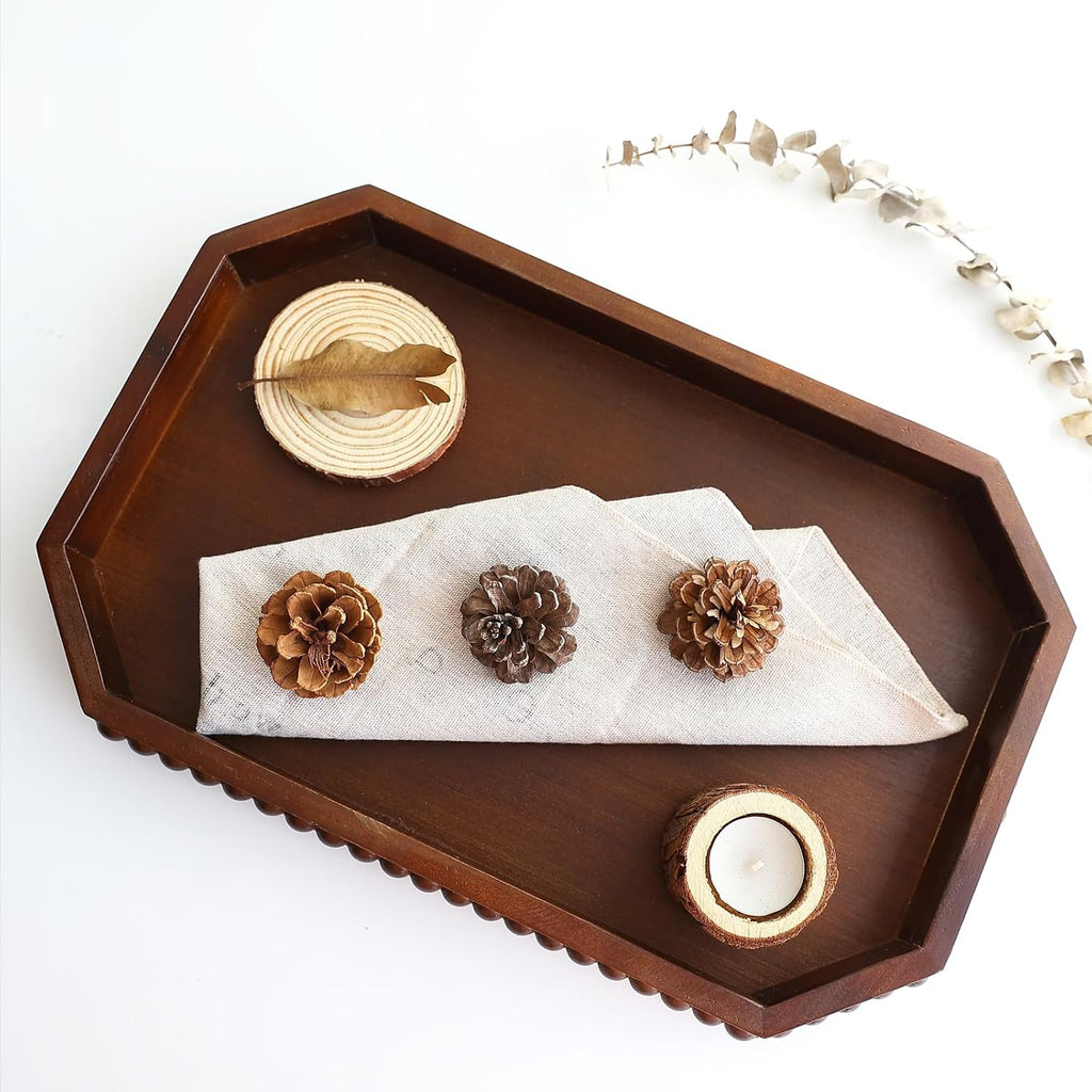Retro Brown Wood Serving Tray with Beads, Farmhouse Decorative Tray for Table Centerpiece, Christmas Wedding
