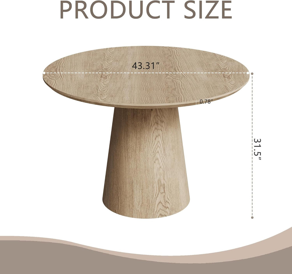 43" Round Dining Table for 4, Modern Natural Wood Grain Dining Table with Cone Wood Pedestal Base, Circle Dining Room