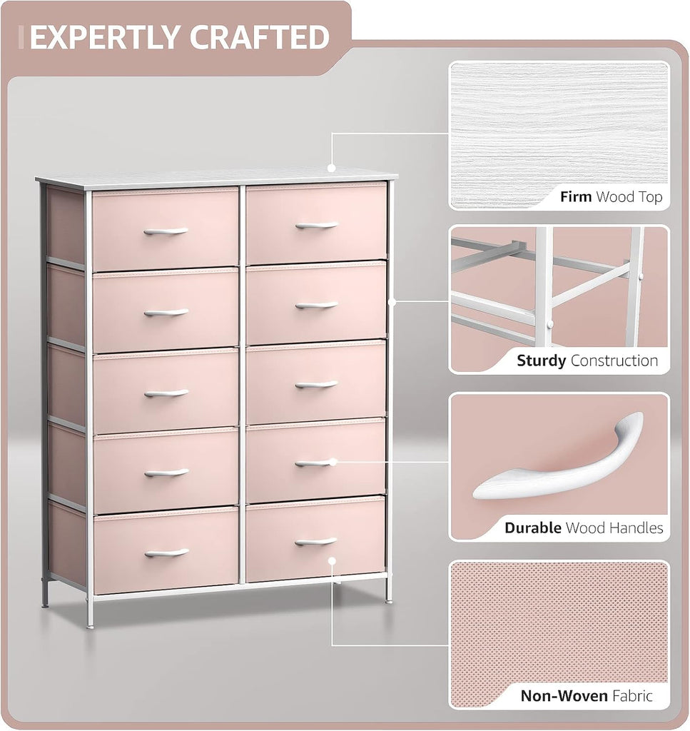 Kids Dresser with 10 Drawers - Storage Unit Organizer Chest for Clothes - Bedroom, Kids Room, Nursery, & Closet