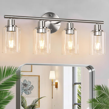 4-Light Bathroom Light Fixtures, Brushed Nickel Modern Vanity Lights Over Mirror with Clear Glass Shade, Bathroom