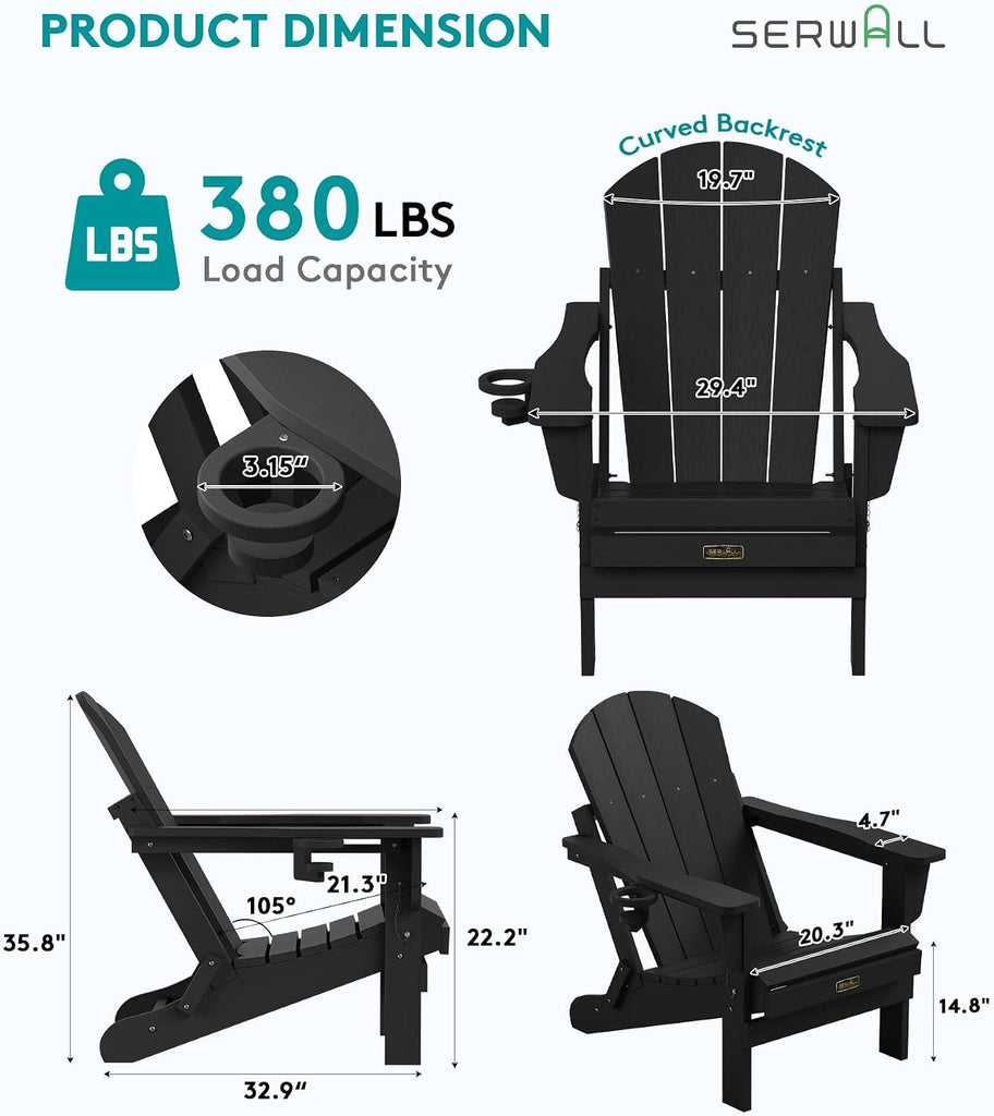 Folding Adirondack Chairs with Cup Holder, Outdoor Fire Pit - Black | Foldable Adirondack Chair with Wood Texture