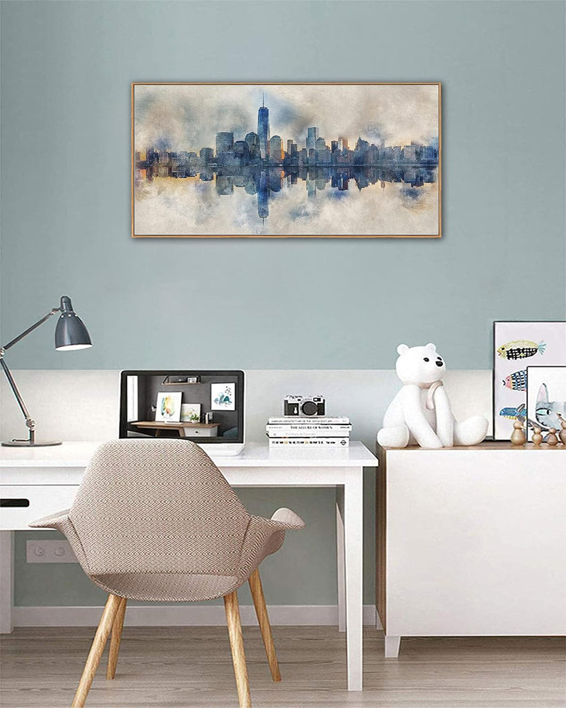 NYC Framed Canvas Wall Art Abstract Painting Wall Decor Indigo Blue Gray Panoramic Art Print New York Skyline