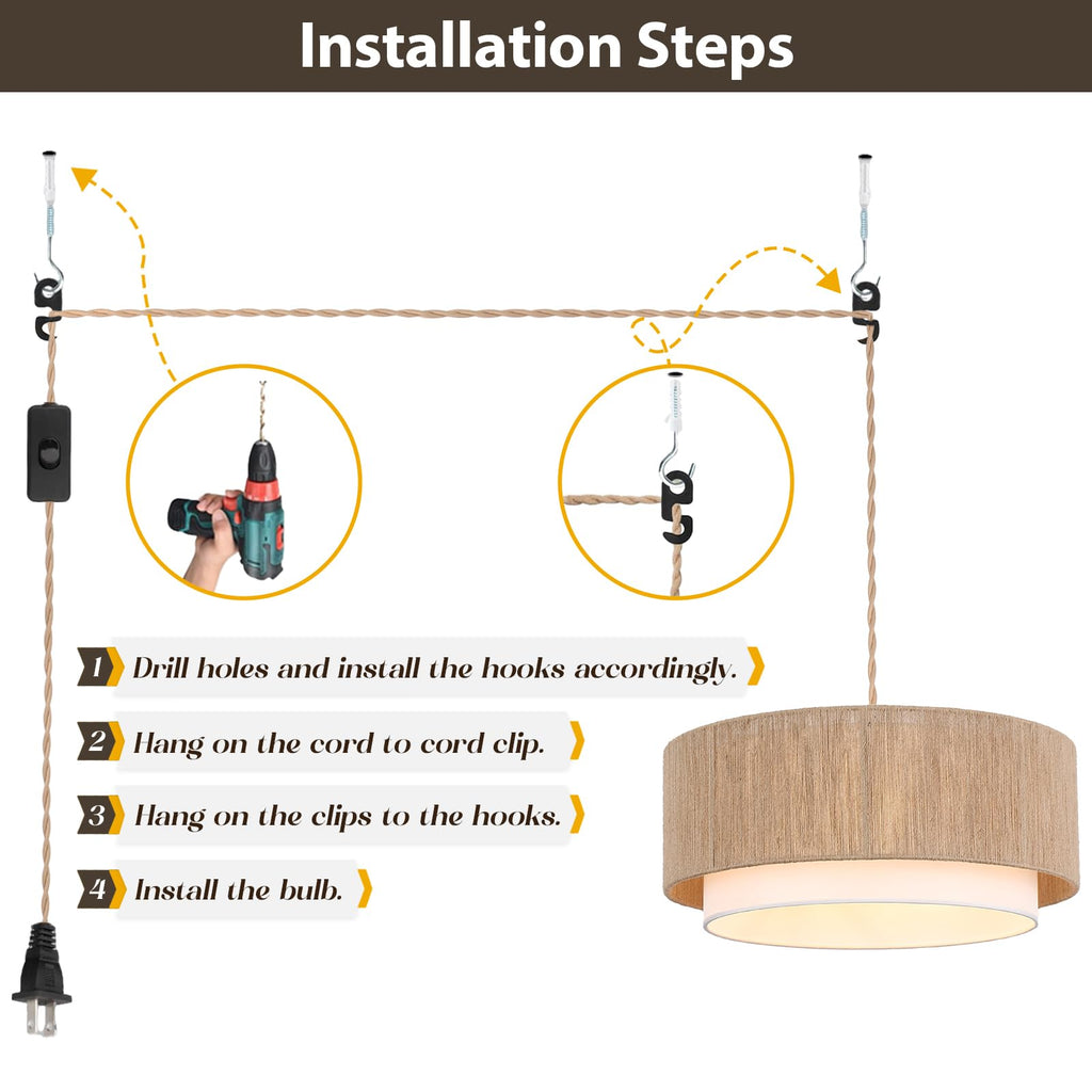 Plug in Pendant Light, 18" Rattan Plug in Chandelier with 15.7FT Light Cord, Hanging Light with Handwoven Hemp Rope