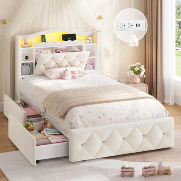 Twin Size Bed Frame for Kids with Storage Drawers, Bookcase Headboard, LED Lights and Power Outlets, Diamond Tufted