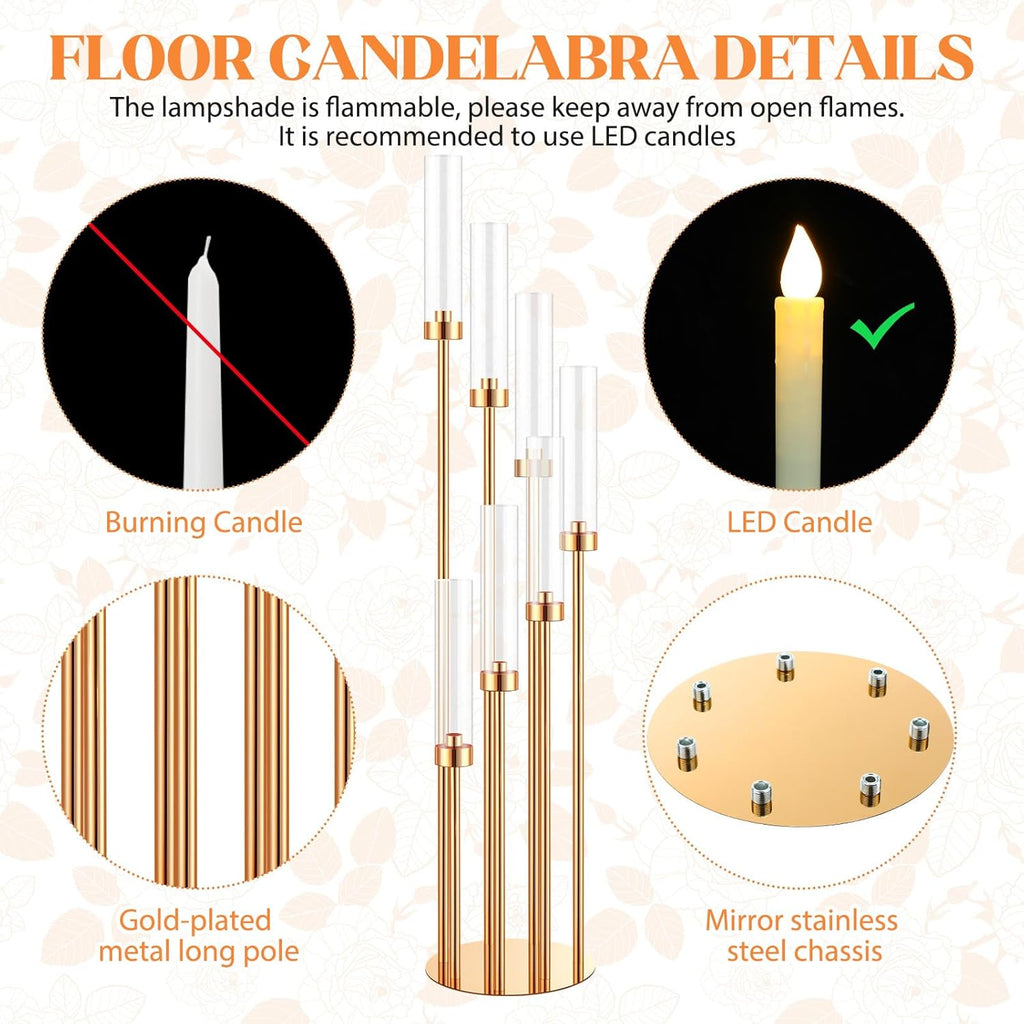 4 Sets Gold 7 Arm Floor Candelabra 46.5'' Tall Floor Candle Holders Metal Candle Holders with Acrylic