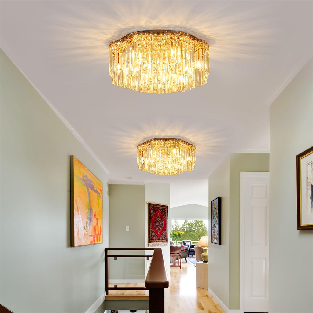 Flush Mount Crystal Chandelier, 24 inch Modern Crystal Ceiling Lights with Warm White Light Bulb (2700K), Flush Mount