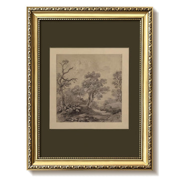 Gold Framed Vintage Landscape Wall Art, Antique Nature Wall Decor, Woodland Trees Canvas Print, Sepia Forest Sketch