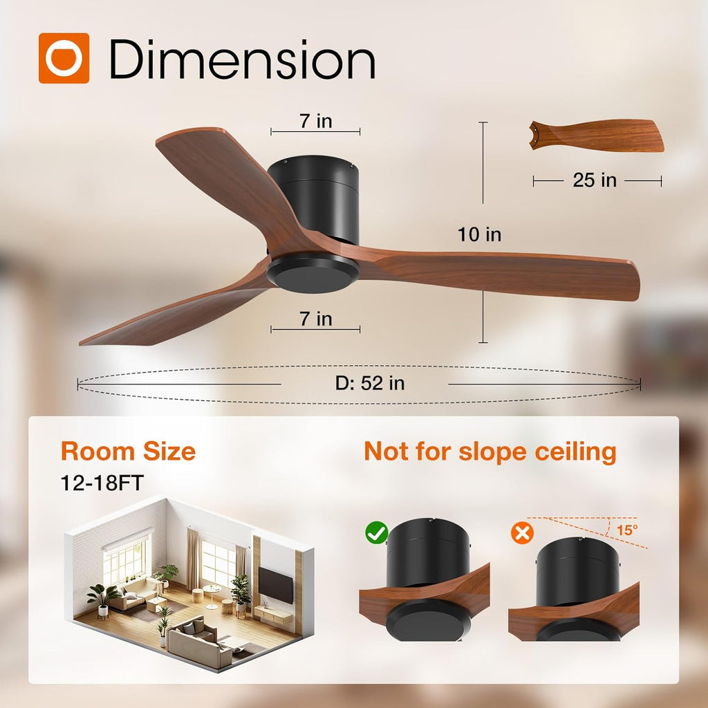52 inch Ceiling Fans No Lights, Low Profile Ceiling Fan with Remote Control, Flush Mount, Reversible, 3 Wood Blades, 6 Speeds, Noiseless, Black Walnut Ceiling Fan for Indoor/Outdoor Use