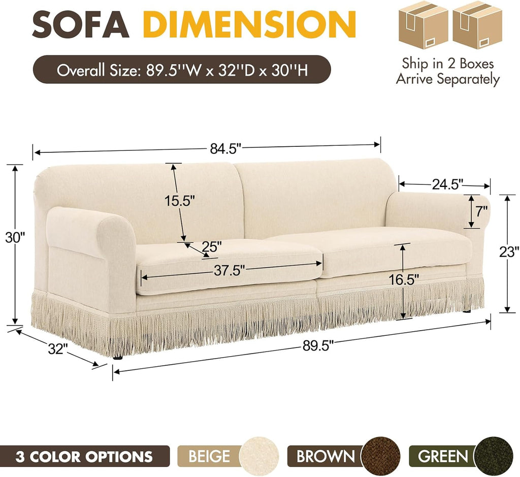 86" Chenille Sofa Couch - Mid-Century Modern 3-Seater Deep Seat Sofa with Vintage Tassel Design Pet-Friendly Soft