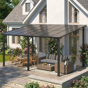 10'X14' Hardtop Wall Mounted Gazebo with Gutters & Galvanized Steel Roof, 60MPH Wind Resistance