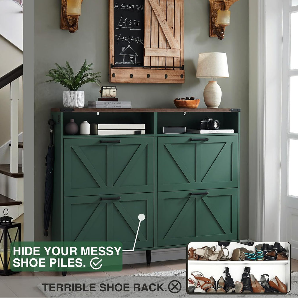 Shoe Storage Cabinet,Farmhouse Shoes Organizer with 4 Flip Drawers & Barn Door Design,Freestanding Hidden Slim Narrow
