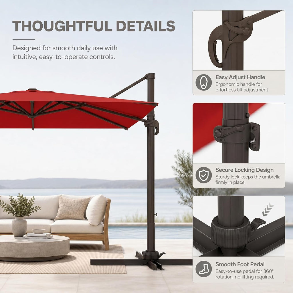 Cantilever Patio Umbrella, Large Square Outdoor Offset Umbrella with Aluminum Pole, 360-degree Rotation Pool