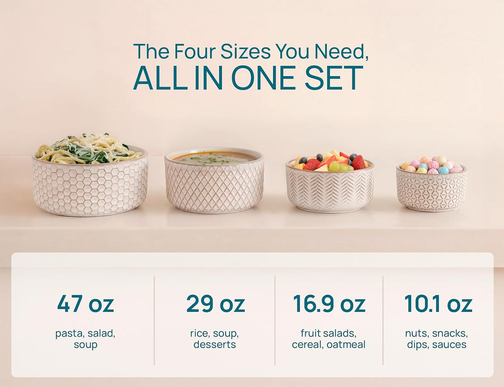 Serving Bowls, with Lids, Ceramic Nesting Bowls, Set of 4, Embossed, Kitchen, Prep, Stackable, Gift, Microwave and