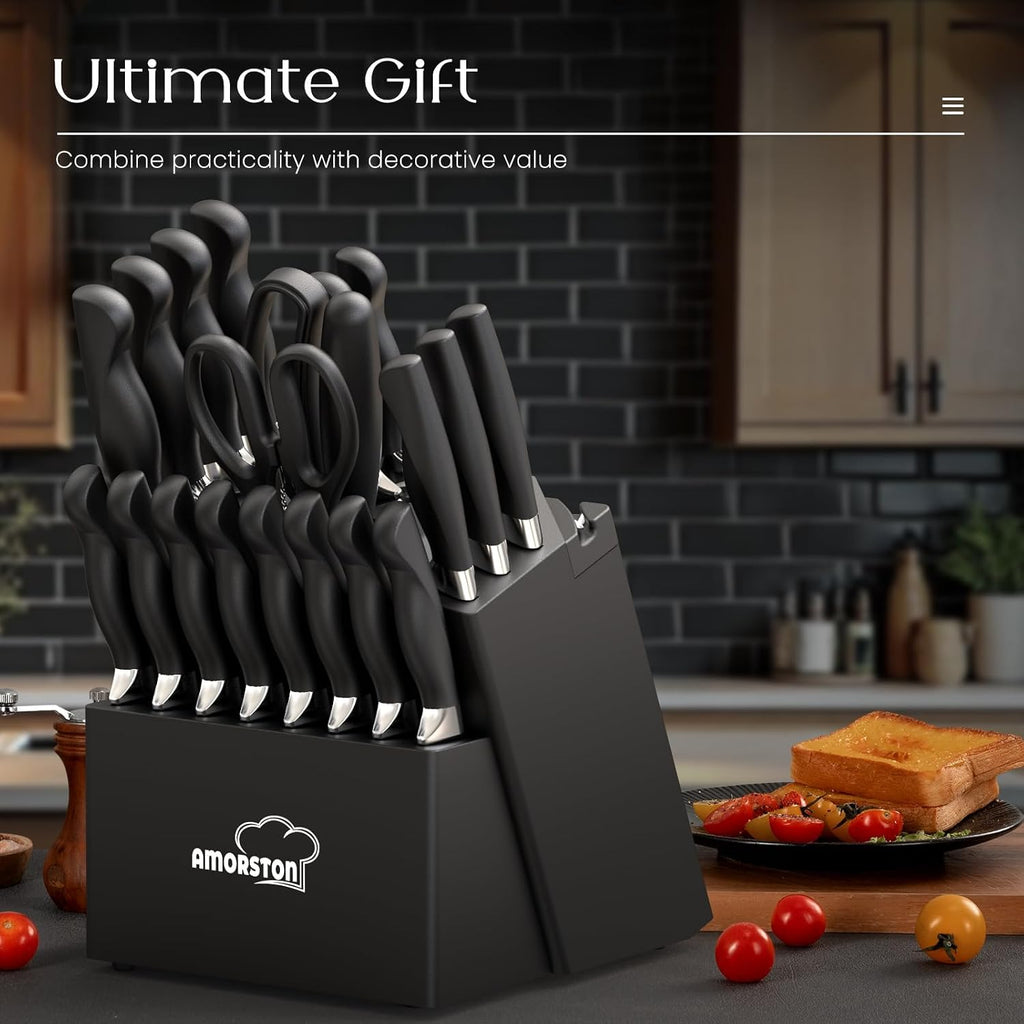 Knife Set, 21 Pieces Kitchen Knife Set with Block and Sharpener, Ultra-Sharp Knives Set with Ergonomic Handles, Black