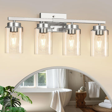 Modern Bathroom Light Fixtures, 4 Light Brushed Nickel Vanity Lights, Bathroom Lighting Fixtures Over Mirror with