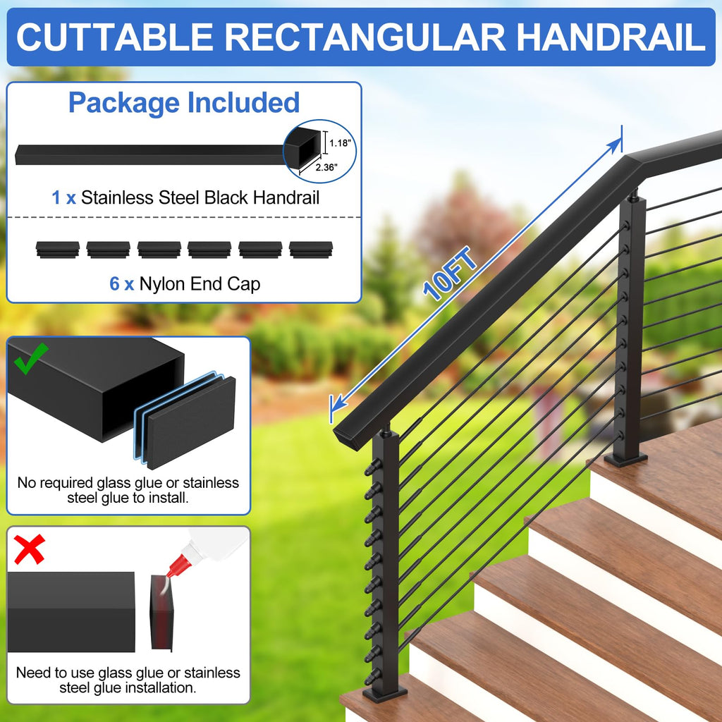 10FT Stainless Steel Cable Railing Handrail, Black Rectangular Handrail for Indoor Outdoor Deck Stair Cable Railing