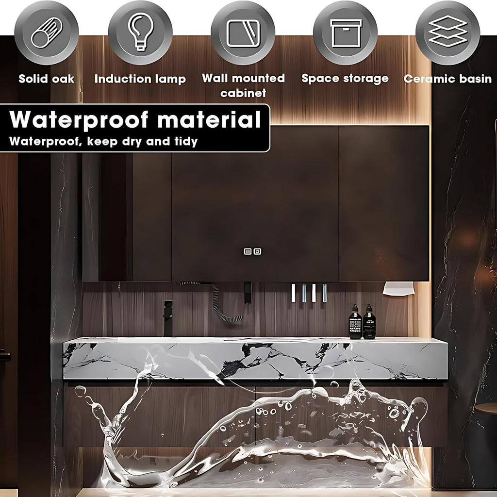 Bathroom Vanity with Sink - Modern Bathroom Sink Cabinet & Smart Mirror Cabinet Set | Wall Mounted | Equipped with
