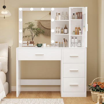 Vanity Desk with Mirror and Lights, Makeup Vanity with 4 Drawers, Cabinet & 4 Necklace Hooks, White Vanity with