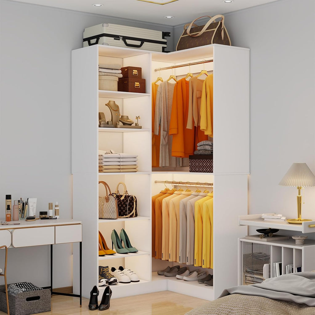 Corner Closet System with 6 Shelves, Custom 39.4"-78.8" Closet Organizer System with 3Hanging Rods, Walk in Corner