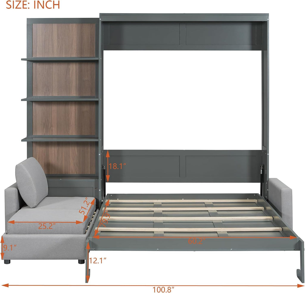 Queen Murphy Bed with Sofa and Shelves, Gray | Space-saving sleeping solution with integrated seating and display