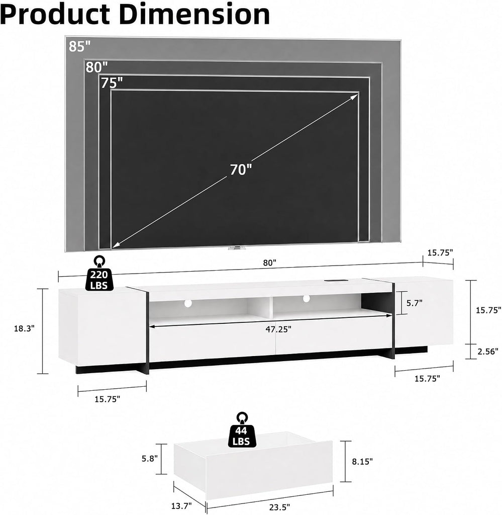 Modern 80 inch TV Stand for 75" 80" Up to 85" TV, LED TV Media Console with Power Outlets, Entertainment Center with Large Storage Cabinet for Living Room, White