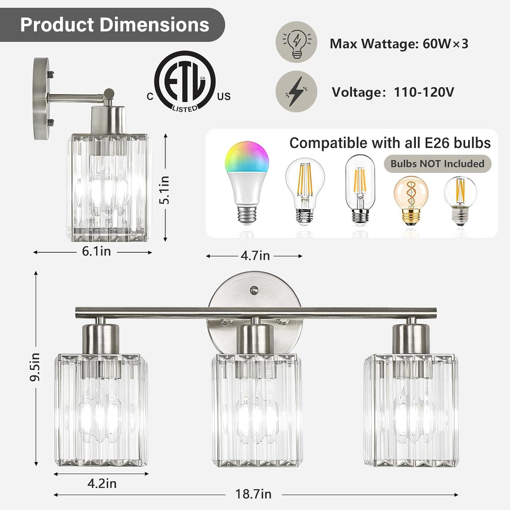 3 Light Bathroom Light Fixtures, Modern Crystal Vanity Lights over Mirror | Metal Frame, Bathroom Light with Square