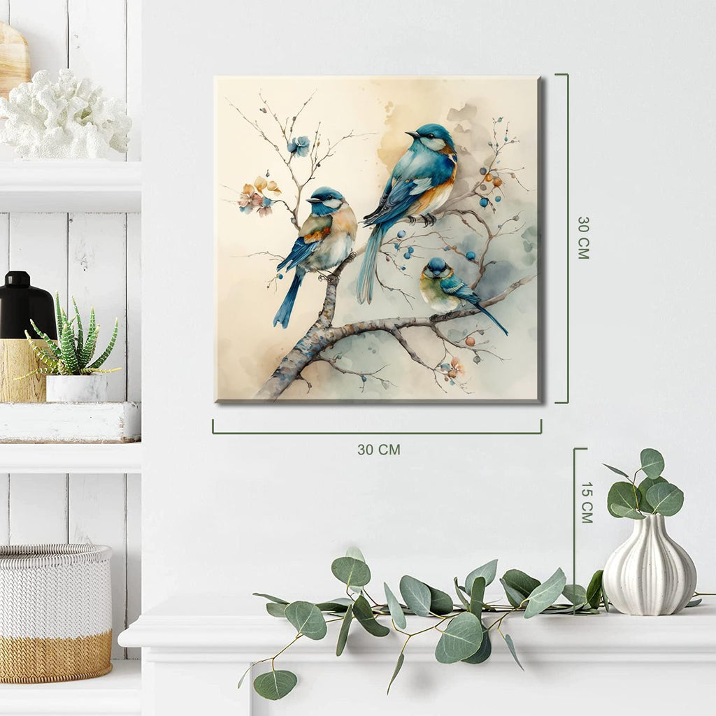 Blue Bird Stretched Canvas Wall Art for Bathoom Bedroom Home Decoration, Beautiful Lively Animal Family Picture Print