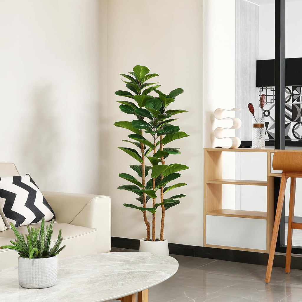 Artificial Fiddle Leaf Fig Tree with White Planter,5ft Tall Fake Tree with Natural Wood Trunk Decor, Faux Ficus Tree