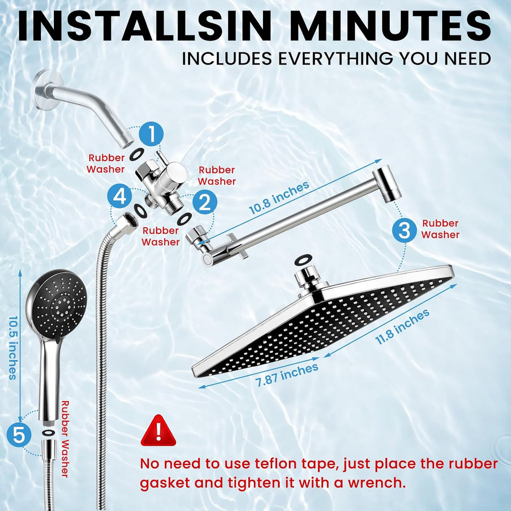 Rain Shower Head with Handheld, 11.8 Inch High Pressure Handheld Shower with Multi Spray Modes