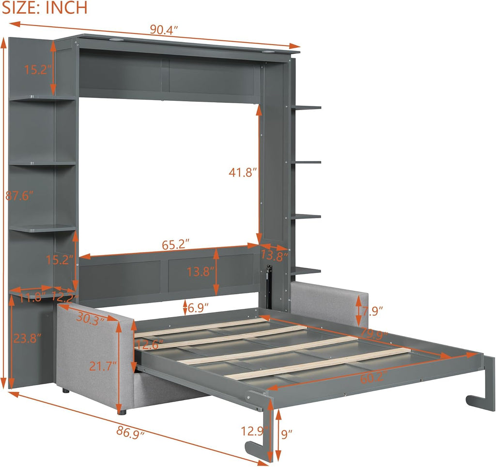 Murphy Bed, Queen Wooden Wall Bed with Sofa for Bedroom, Wood Slat Support, No Box Spring Needed, Easy Assembly, Grey