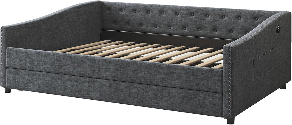 Full Size Daybed with Trundle, USB Port & Side Storage Bag | Linen Fabric, Button Tufted Back, Waved Piping