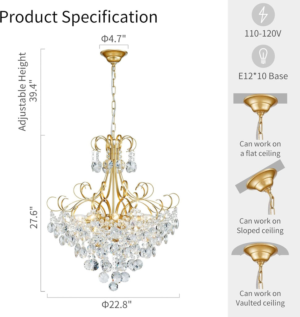 Crystal Chandelier, Modern K9 Crystal Pendant Light for Dining Room, Vintage Pendant Ceiling Fixture Lamp, 10-Lights Golden Chandelier Lighting for Kitchen Island, Living Room, Bedroom