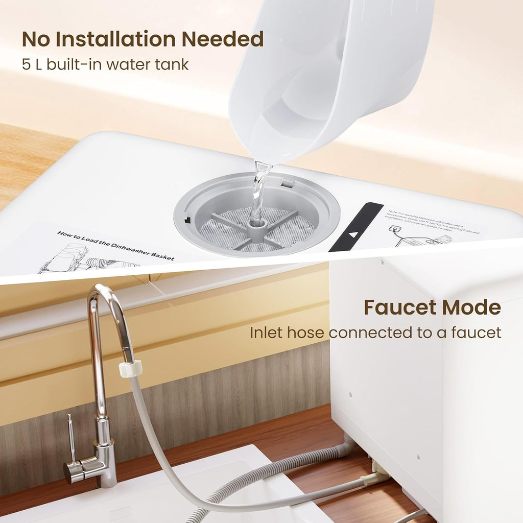 Countertop Dishwasher, 6 Programs Portable Dishwashers with 5L Built-in Water Tank, No Hookup Needed
