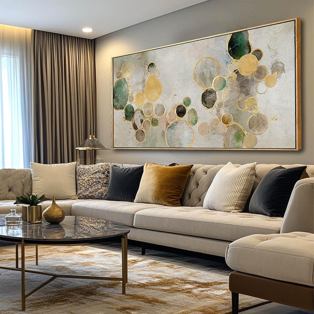 Abstract Canvas Wall Art Gold Circle Painting Green Artwork Framed Wall Prints Office Wall Decor Colorful